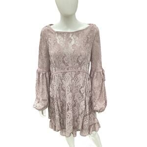 Free People Dress Women’s SZ M Lace Ballon Sleeves Knee Length Light Mauve Color